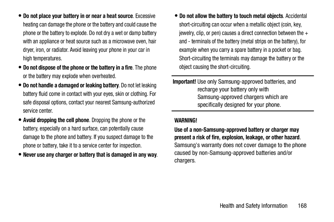 Samsung GH68-37099A user manual 168, Use of a non-Samsung-approved battery or charger may 