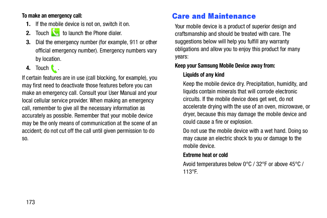 Samsung GH68-37099A user manual Care and Maintenance, To make an emergency call, Extreme heat or cold 