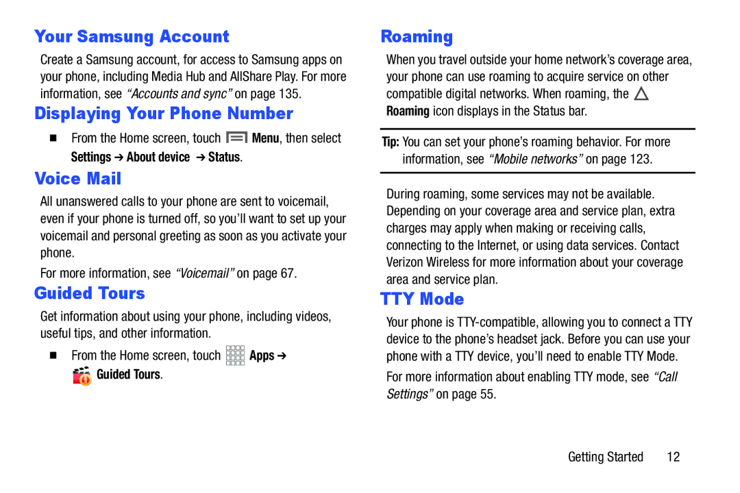 Samsung GH68-37099A Your Samsung Account, Displaying Your Phone Number, Voice Mail, Guided Tours, Roaming, TTY Mode 