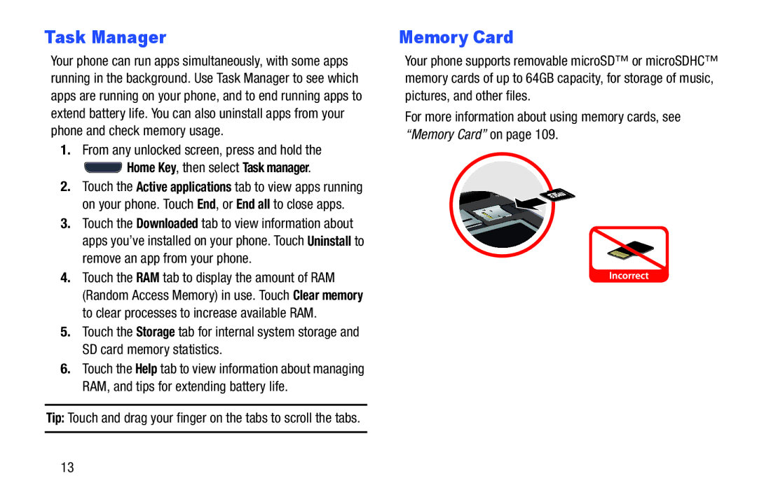 Samsung GH68-37099A user manual Task Manager, Memory Card, From any unlocked screen, press and hold 