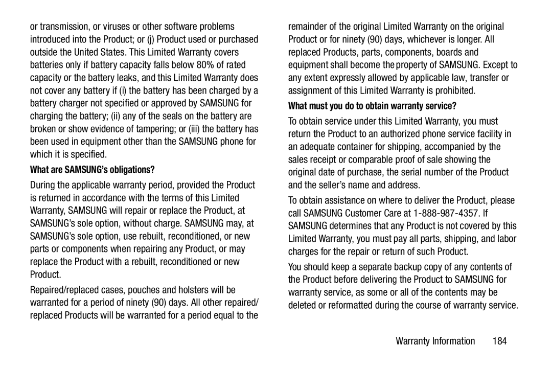 Samsung GH68-37099A user manual What are SAMSUNG’s obligations?, What must you do to obtain warranty service?, 184 