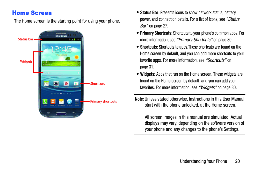 Samsung GH68-37099A user manual Home Screen 