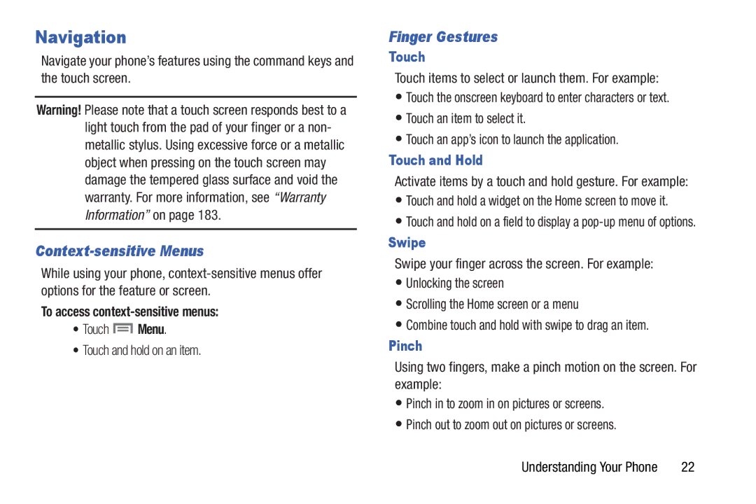 Samsung GH68-37099A user manual Navigation, Context-sensitive Menus, Finger Gestures 