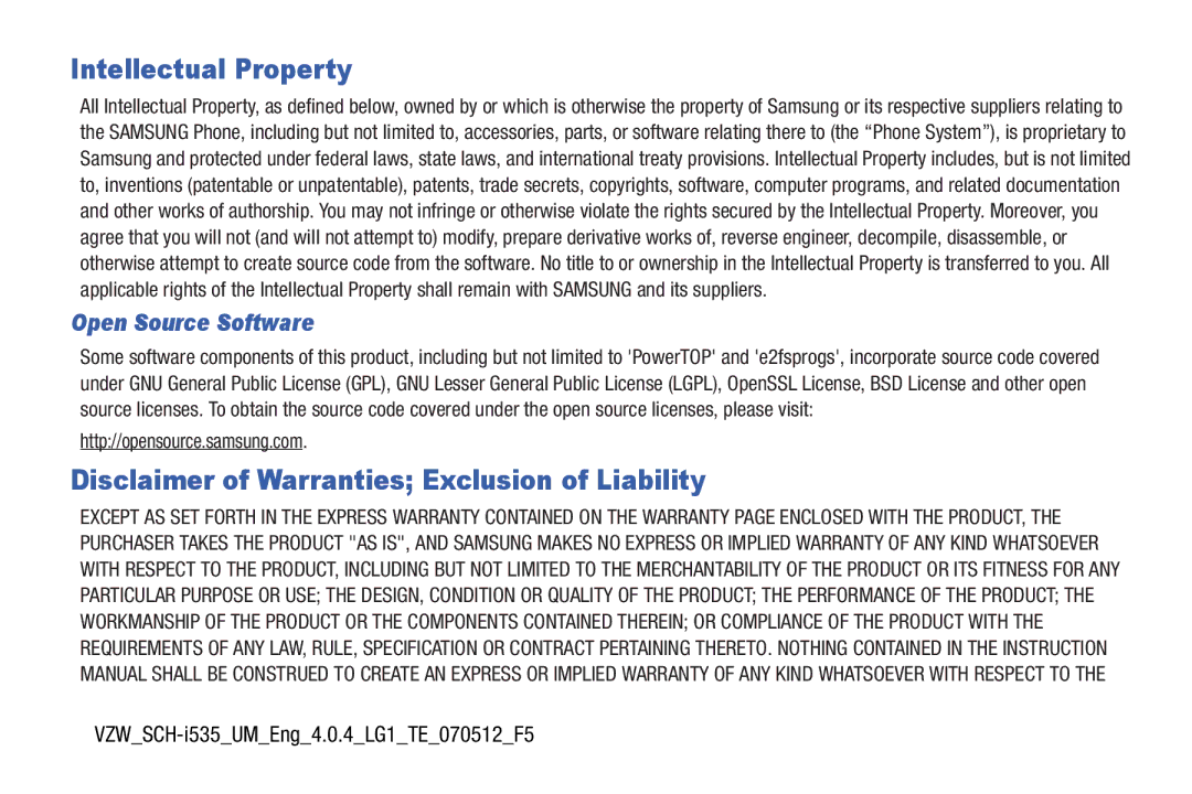 Samsung GH68-37099A Intellectual Property, Disclaimer of Warranties Exclusion of Liability, Open Source Software 