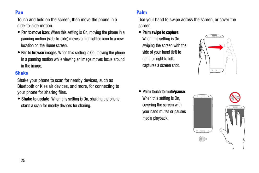 Samsung GH68-37099A user manual Pan, Shake, Palm swipe to capture, Palm touch to mute/pause 