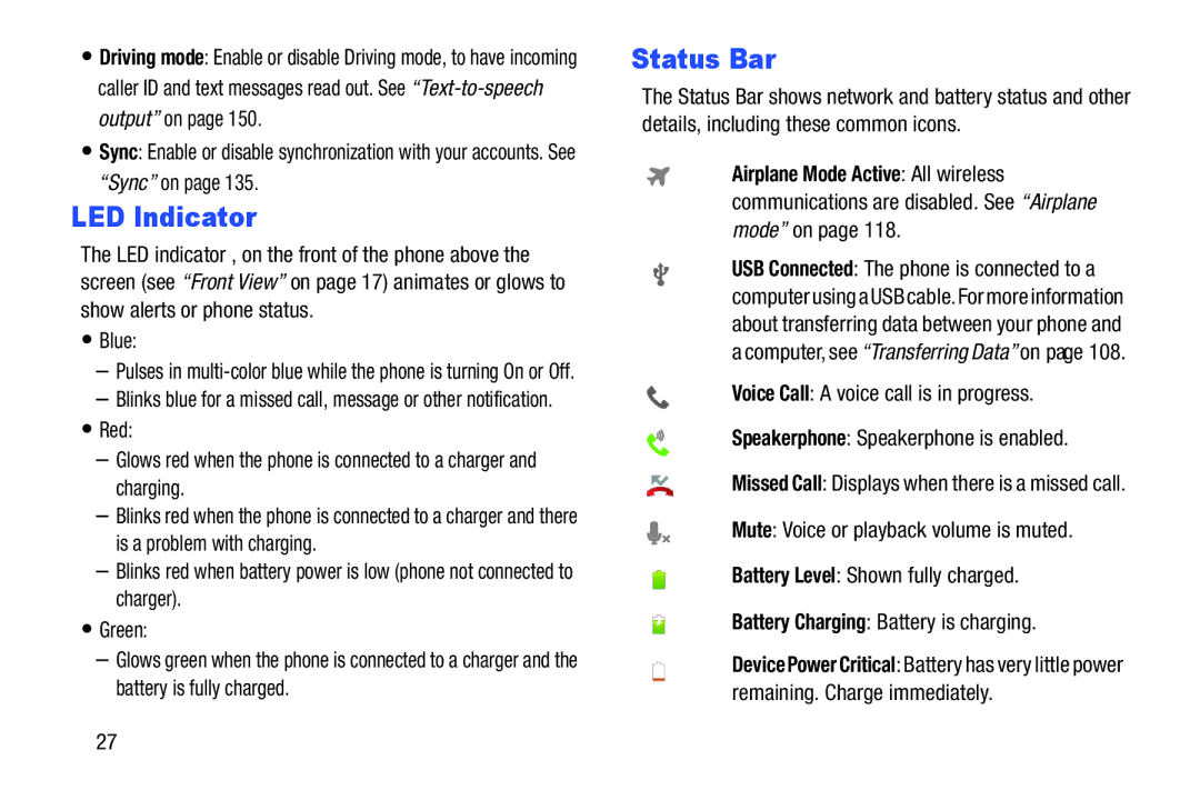 Samsung GH68-37099A user manual LED Indicator, Status Bar, Blue 