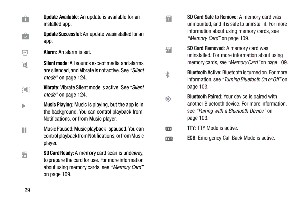 Samsung GH68-37099A user manual Alarm An alarm is set, Vibrate Vibrate Silent mode is active. See Silent mode on 