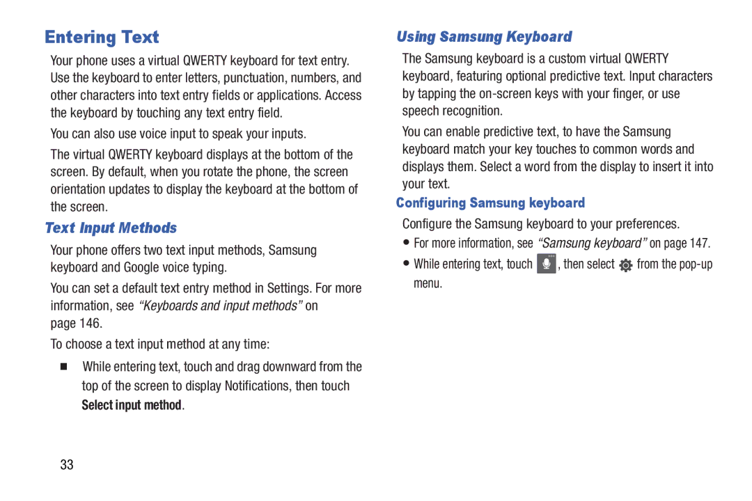 Samsung GH68-37099A user manual Entering Text, Text Input Methods, Using Samsung Keyboard, Select input method 