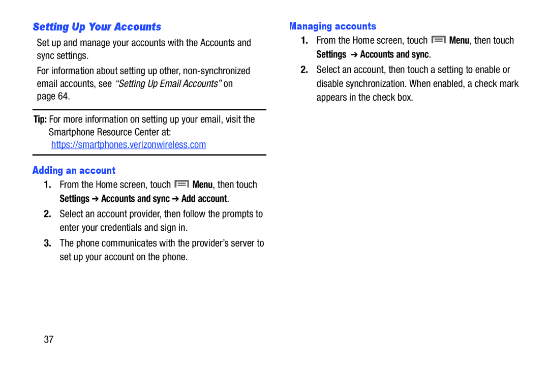 Samsung GH68-37099A user manual Setting Up Your Accounts, Adding an account, Managing accounts 