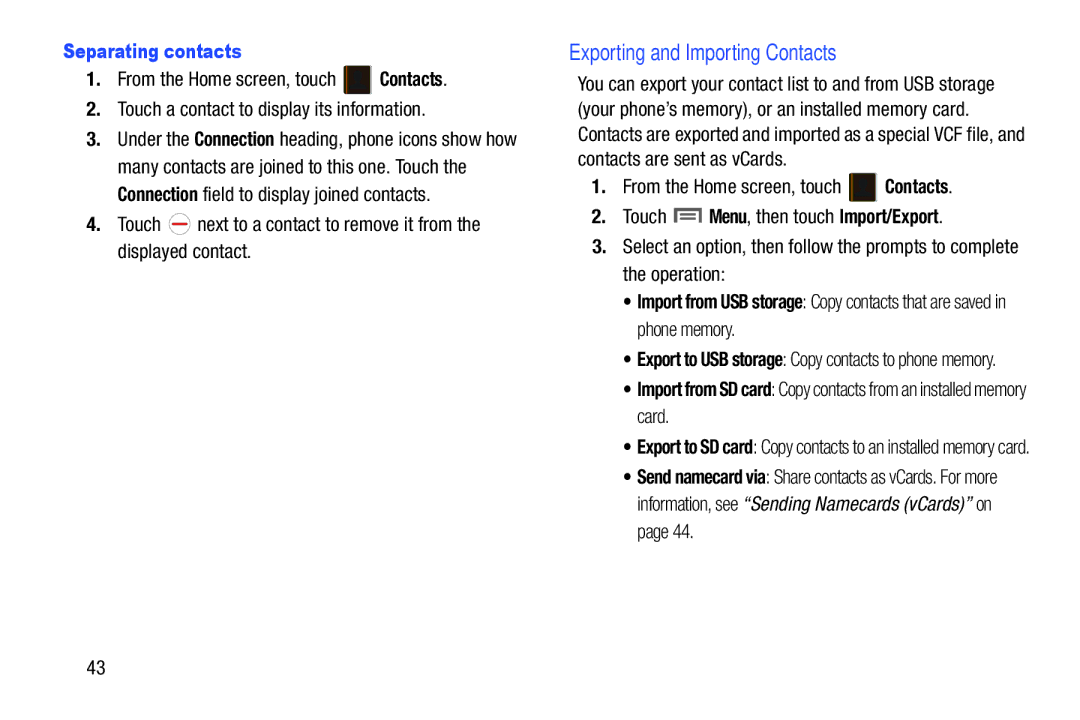 Samsung GH68-37099A user manual Exporting and Importing Contacts, Separating contacts 