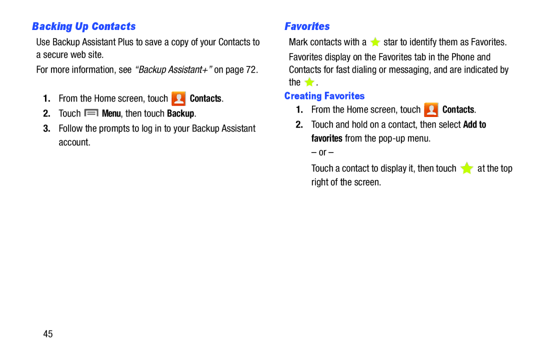 Samsung GH68-37099A user manual Backing Up Contacts, Creating Favorites 