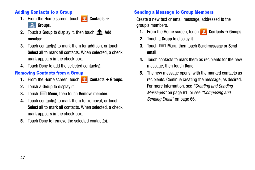 Samsung GH68-37099A Adding Contacts to a Group, Removing Contacts from a Group, Sending a Message to Group Members 