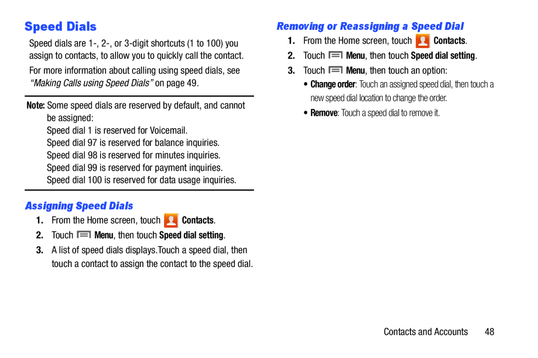 Samsung GH68-37099A user manual Assigning Speed Dials, Removing or Reassigning a Speed Dial 