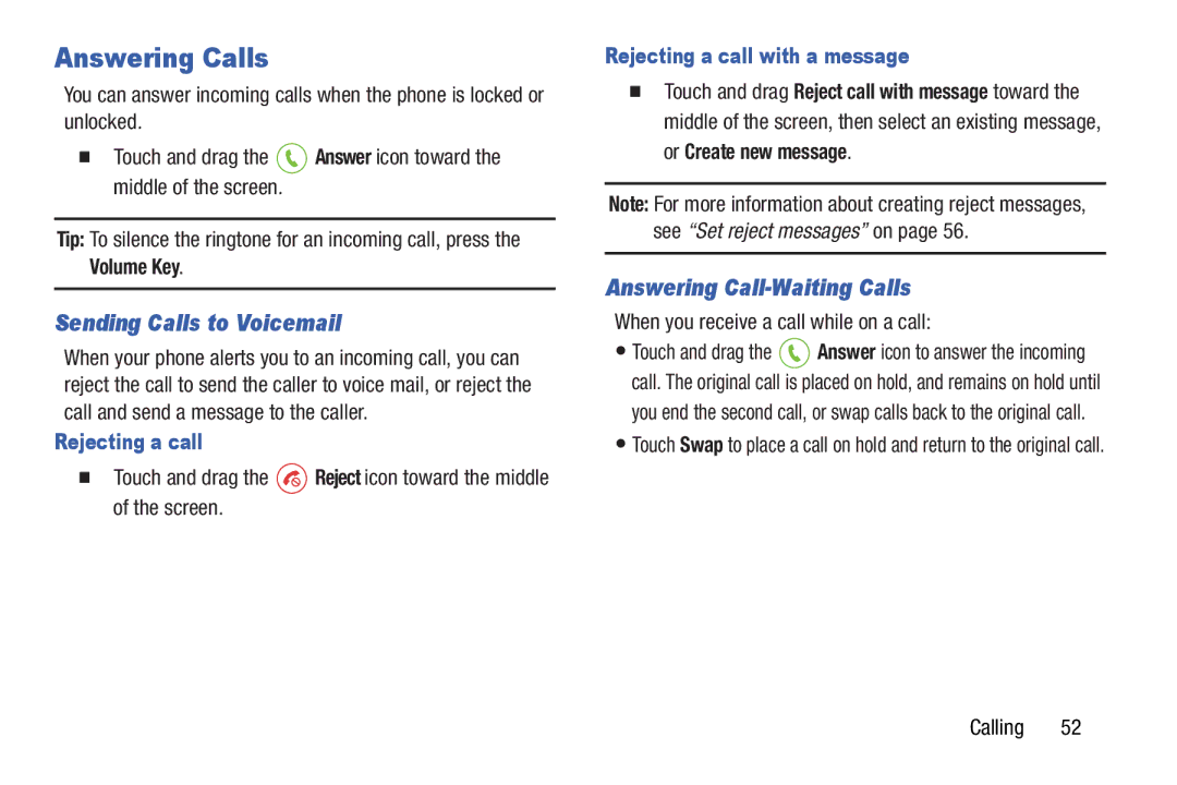 Samsung GH68-37099A user manual Answering Calls, Sending Calls to Voicemail, Answering Call-Waiting Calls, Rejecting a call 