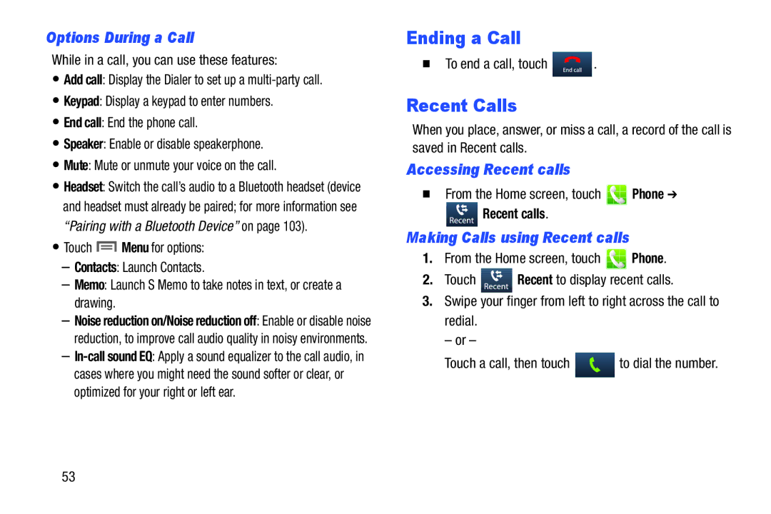 Samsung GH68-37099A user manual Ending a Call, Recent Calls, Options During a Call, Accessing Recent calls 