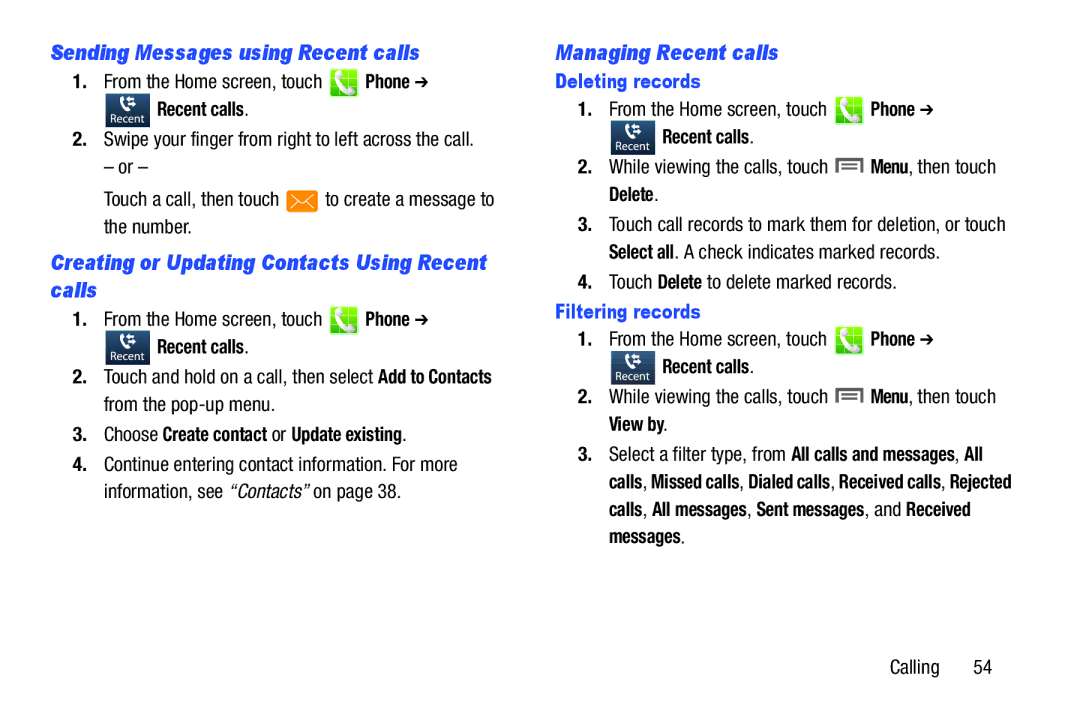 Samsung GH68-37099A user manual Sending Messages using Recent calls, Creating or Updating Contacts Using Recent calls 