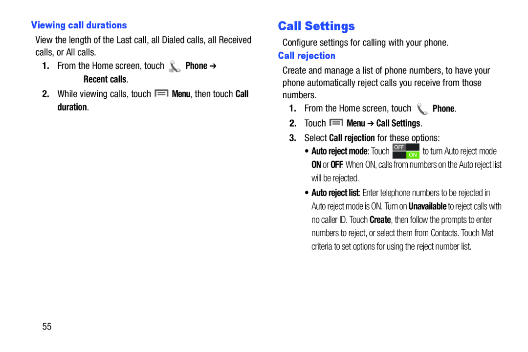 Samsung GH68-37099A user manual Viewing call durations, Call rejection, Touch Menu Call Settings 