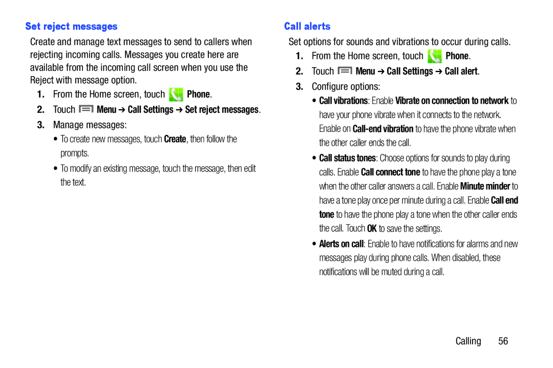 Samsung GH68-37099A user manual Set reject messages, Call alerts, Touch Menu Call Settings Call alert, Configure options 