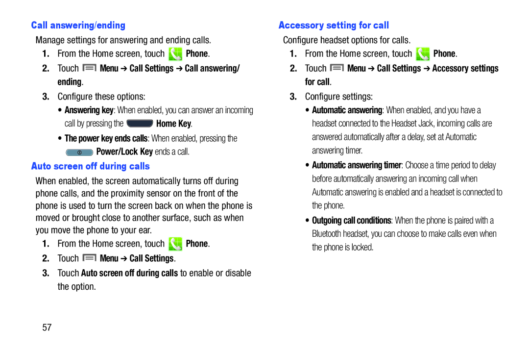 Samsung GH68-37099A user manual Call answering/ending, Auto screen off during calls, Accessory setting for call 