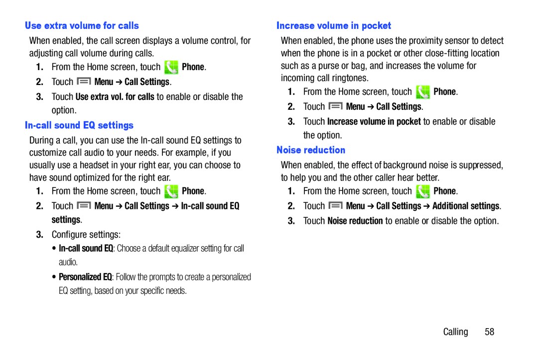 Samsung GH68-37099A Use extra volume for calls, In-call sound EQ settings, Increase volume in pocket, Noise reduction 