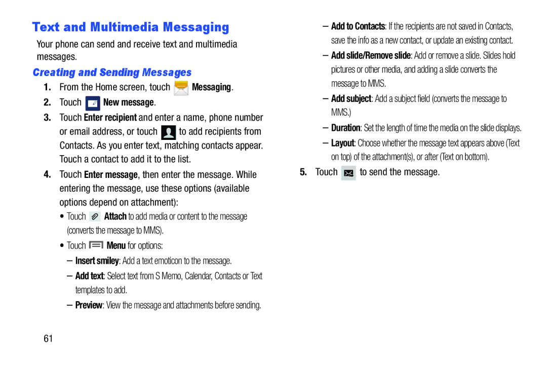 Samsung GH68-37099A user manual Text and Multimedia Messaging, Creating and Sending Messages, Touch New message 