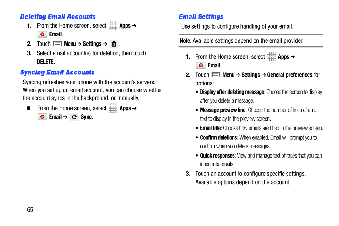 Samsung GH68-37099A user manual Deleting Email Accounts, Syncing Email Accounts, Email Settings 