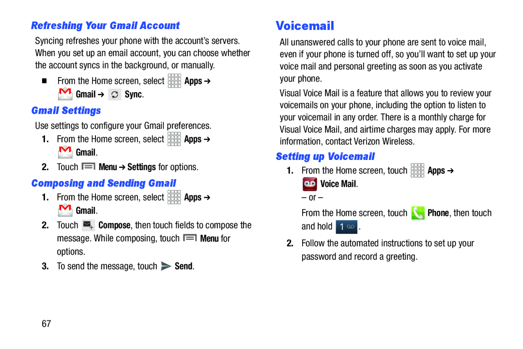 Samsung GH68-37099A user manual Voicemail, Refreshing Your Gmail Account, Gmail Settings, Composing and Sending Gmail 