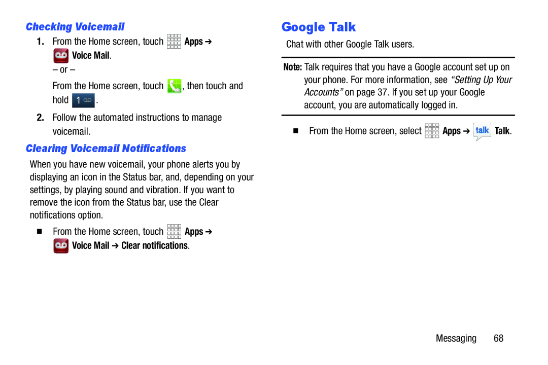 Samsung GH68-37099A Google Talk, Checking Voicemail, Clearing Voicemail Notifications, Voice Mail Clear notifications 