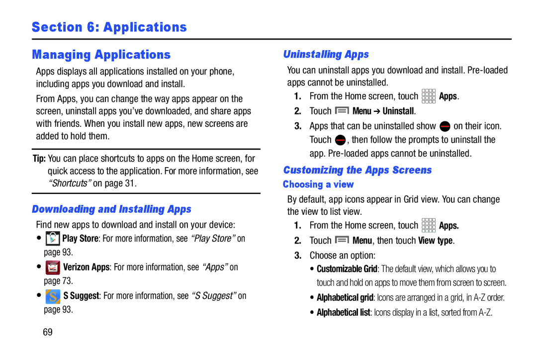 Samsung GH68-37099A user manual Managing Applications, Downloading and Installing Apps, Uninstalling Apps, Choosing a view 