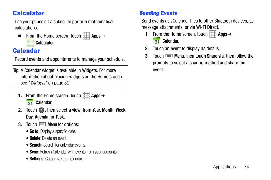 Samsung GH68-37099A user manual Calculator, Calendar, Sending Events 