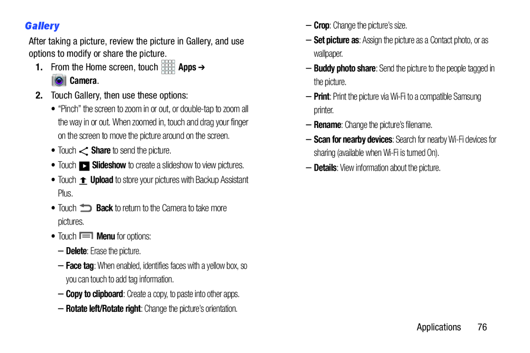 Samsung GH68-37099A user manual Touch Gallery, then use these options, Touch Share to send the picture 