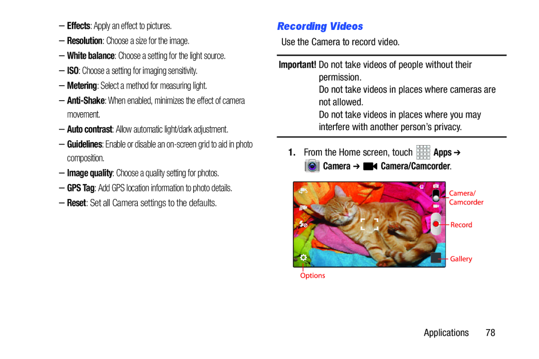 Samsung GH68-37099A user manual Recording Videos, ISO Choose a setting for imaging sensitivity, Camera Camera/Camcorder 