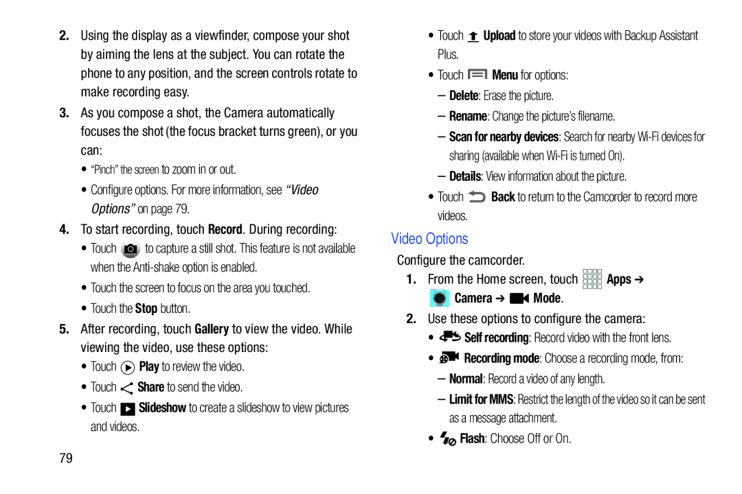 Samsung GH68-37099A user manual Video Options, Camera Mode 