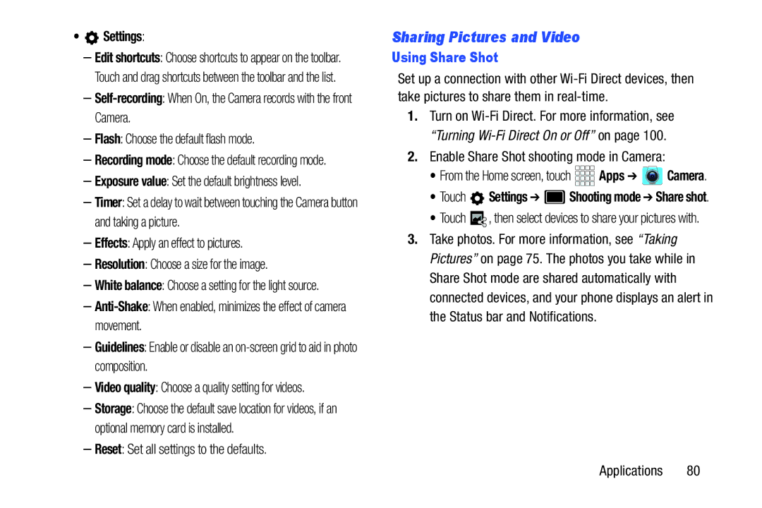 Samsung GH68-37099A user manual Sharing Pictures and Video, Reset Set all settings to the defaults, Using Share Shot 