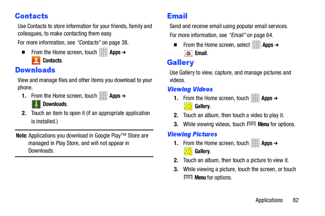 Samsung GH68-37099A user manual Downloads, Gallery, Viewing Videos, Viewing Pictures 