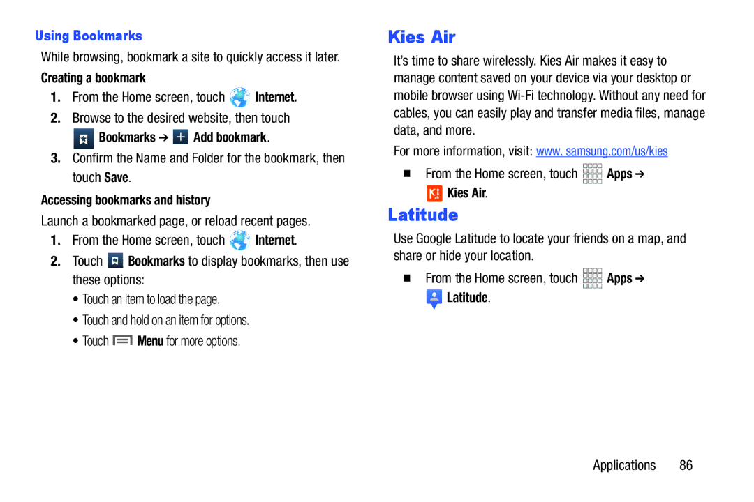 Samsung GH68-37099A user manual Kies Air, Latitude, Using Bookmarks 