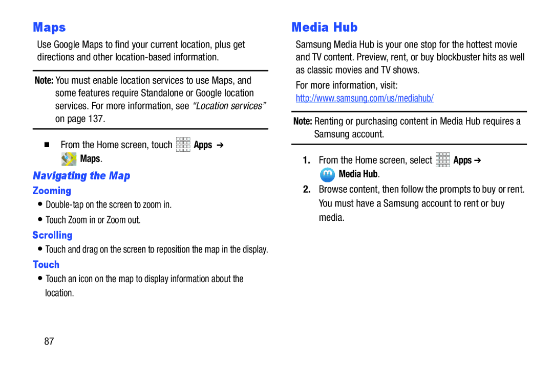 Samsung GH68-37099A user manual Maps, Media Hub, Navigating the Map, Zooming, Scrolling 