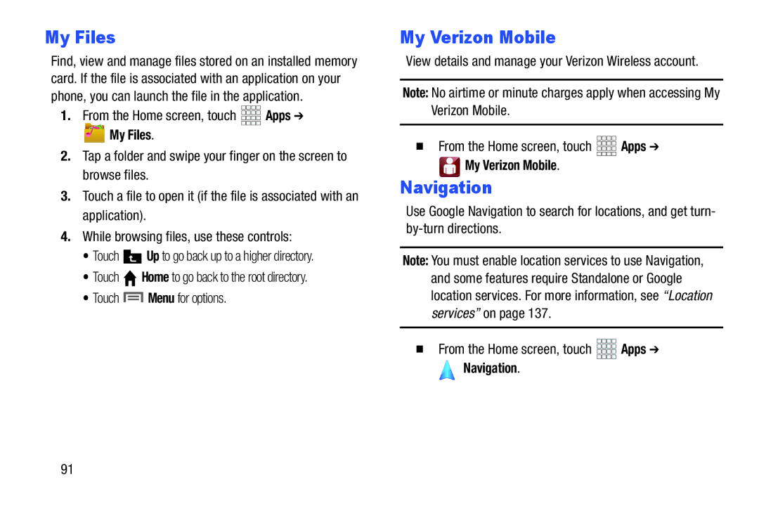 Samsung GH68-37099A user manual My Files, My Verizon Mobile, Navigation 