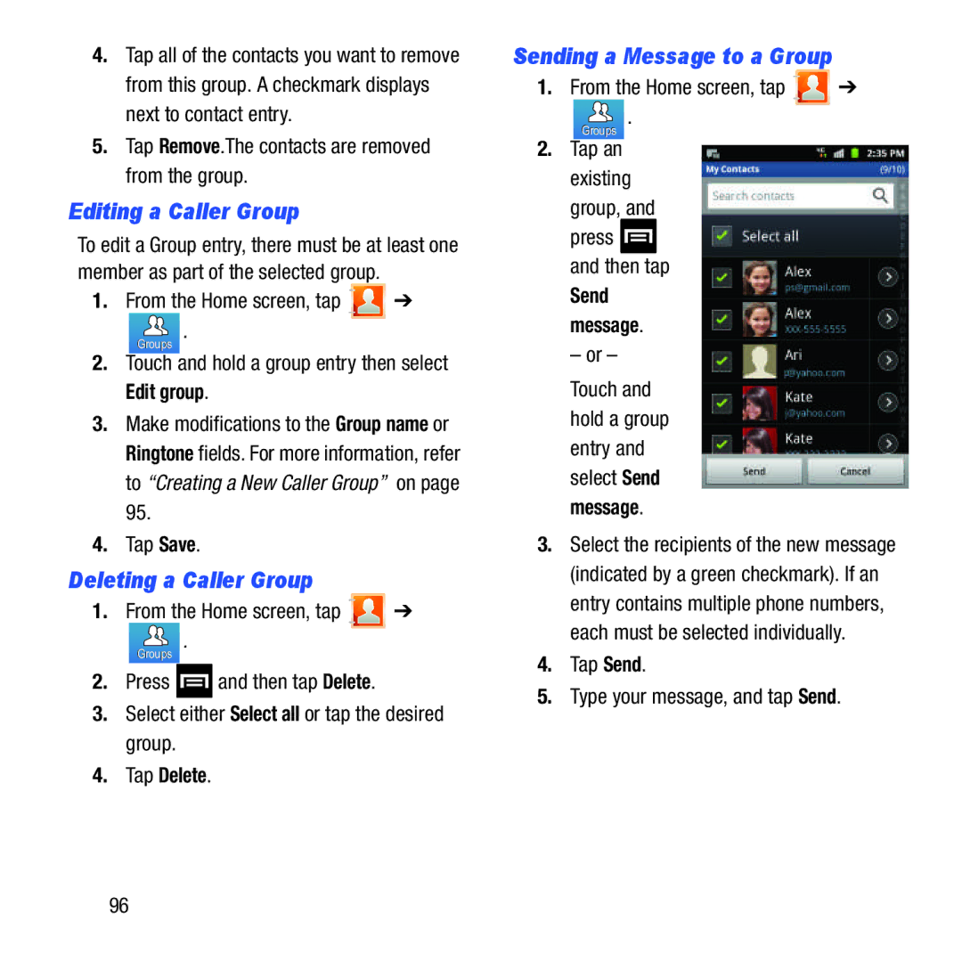 Samsung GH68-37463A user manual Sending a Message to a Group, Editing a Caller Group, Deleting a Caller Group 