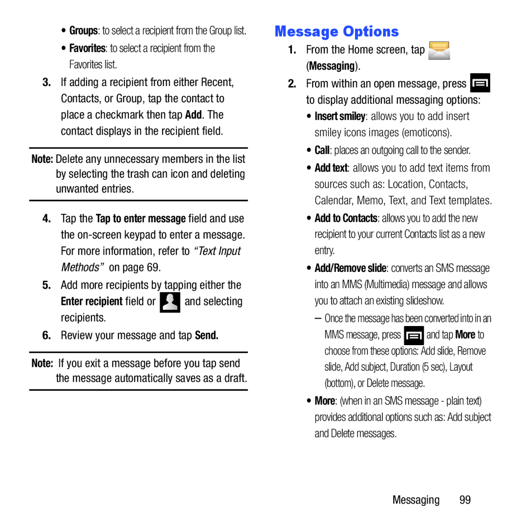 Samsung GH68-37463A Message Options, Enter recipient field or and selecting recipients, Review your message and tap Send 