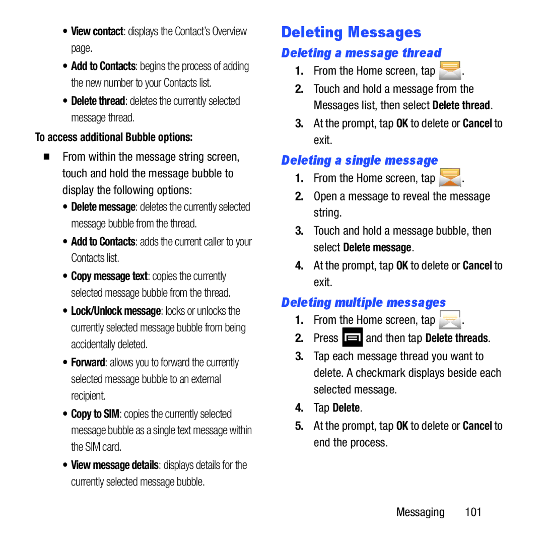 Samsung GH68-37463A Deleting Messages, Deleting a message thread, Deleting a single message, Deleting multiple messages 