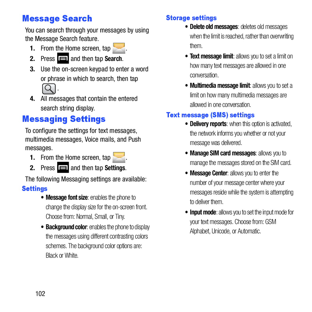 Samsung GH68-37463A user manual Message Search, Messaging Settings, Storage settings, Text message SMS settings 