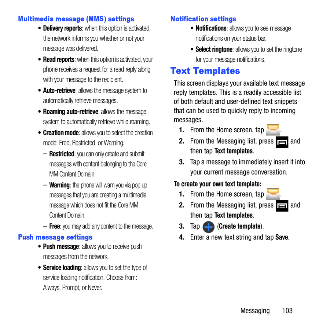 Samsung GH68-37463A Text Templates, Multimedia message MMS settings, Push message settings, Notification settings 