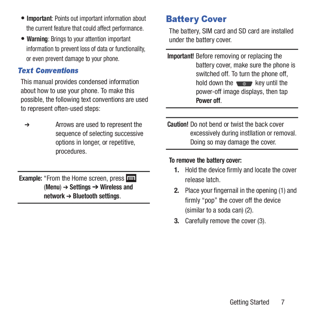 Samsung GH68-37463A user manual Battery Cover, Text Conventions, To remove the battery cover, Carefully remove the cover 