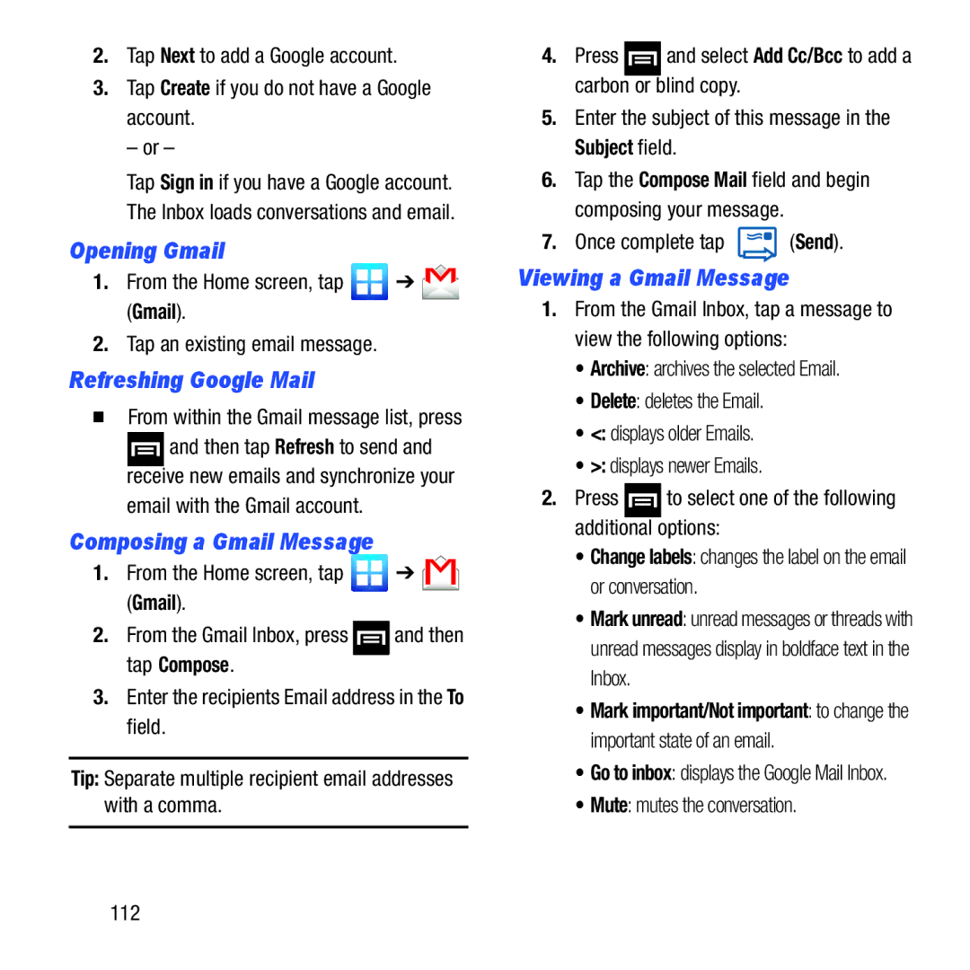 Samsung GH68-37463A user manual Opening Gmail, Refreshing Google Mail, Composing a Gmail Message, Viewing a Gmail Message 