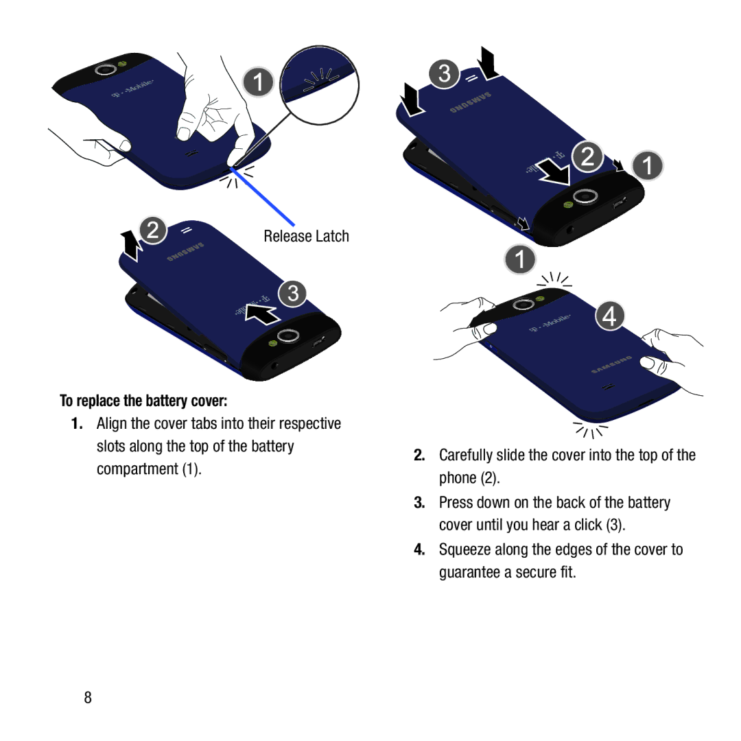 Samsung GH68-37463A user manual Release Latch, To replace the battery cover 