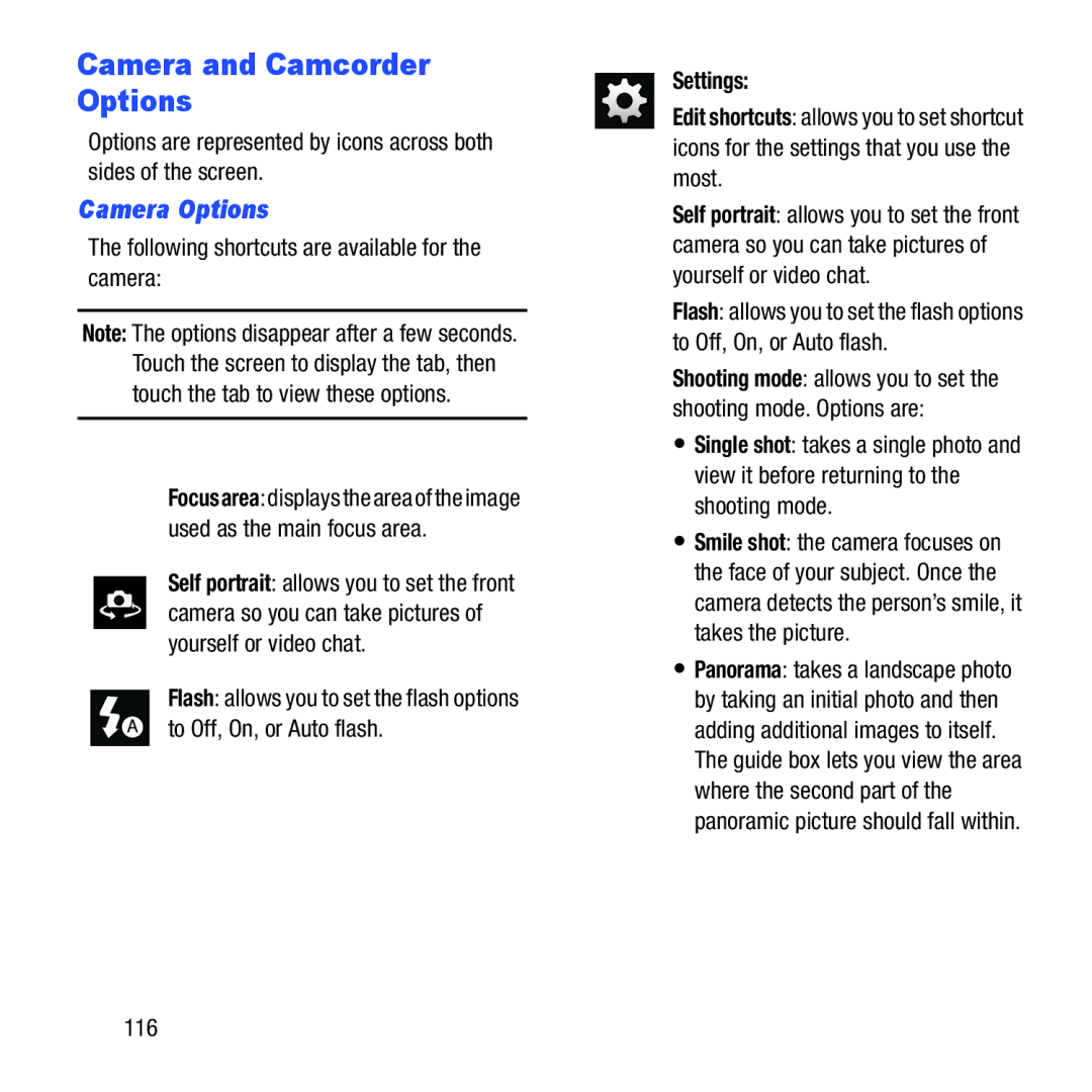 Samsung GH68-37463A Camera and Camcorder Options, Camera Options, Following shortcuts are available for the camera, 116 