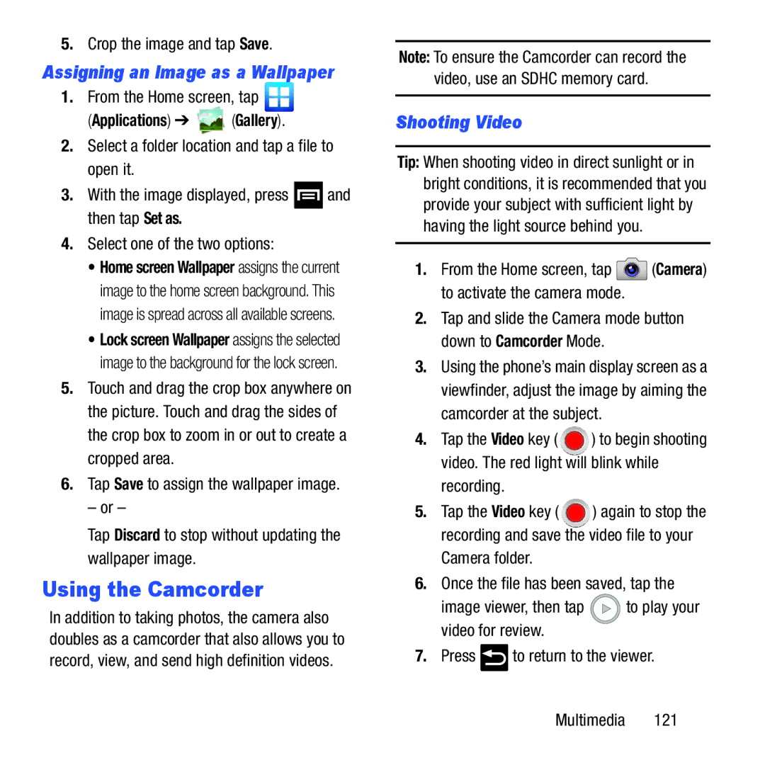 Samsung GH68-37463A user manual Using the Camcorder, Shooting Video, Assigning an Image as a Wallpaper 