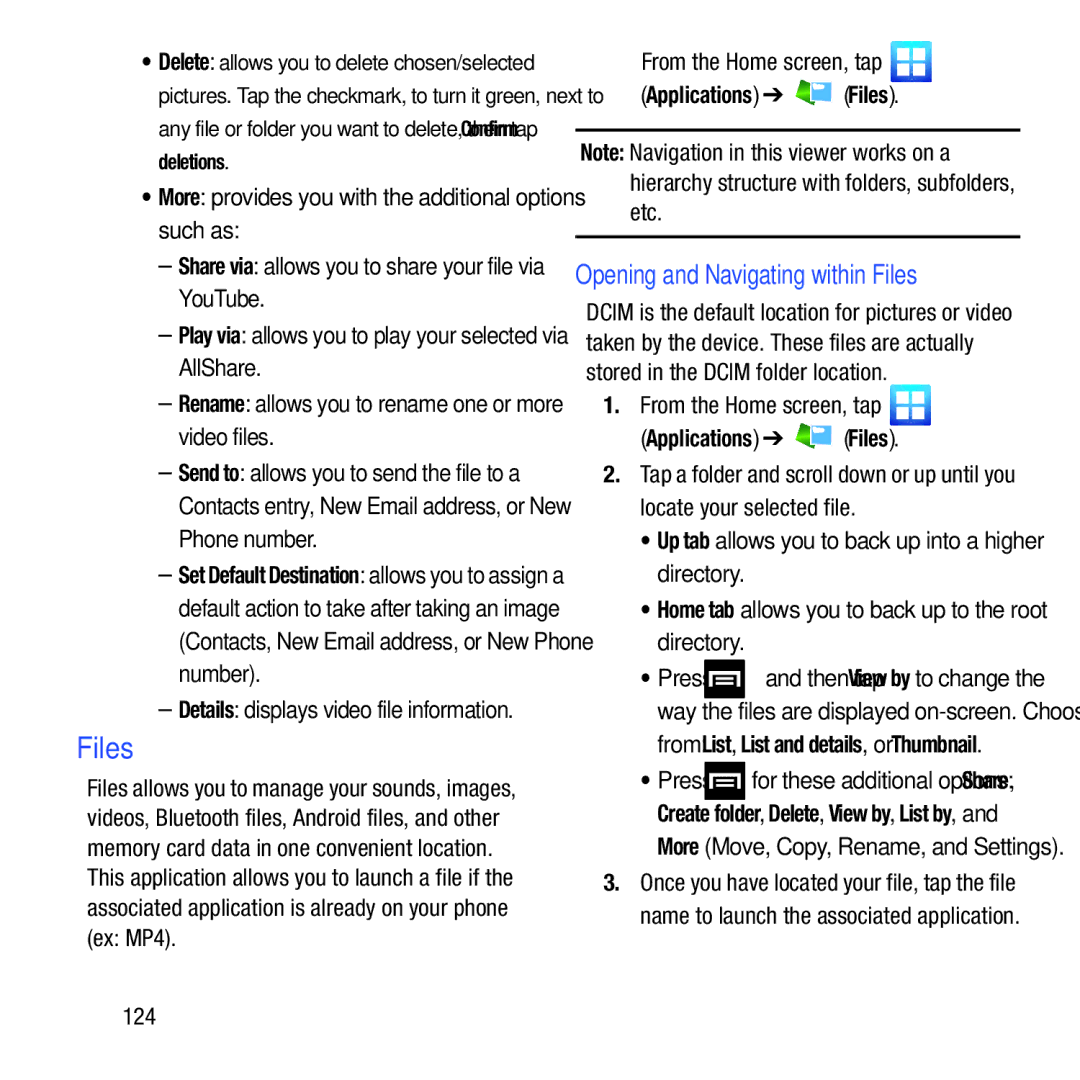 Samsung GH68-37463A user manual Applications Files, Opening and Navigating within Files, 124 