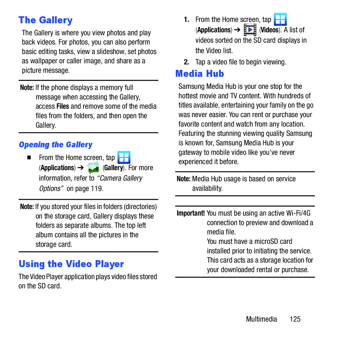 Samsung GH68-37463A user manual Using the Video Player, Media Hub, Opening the Gallery 